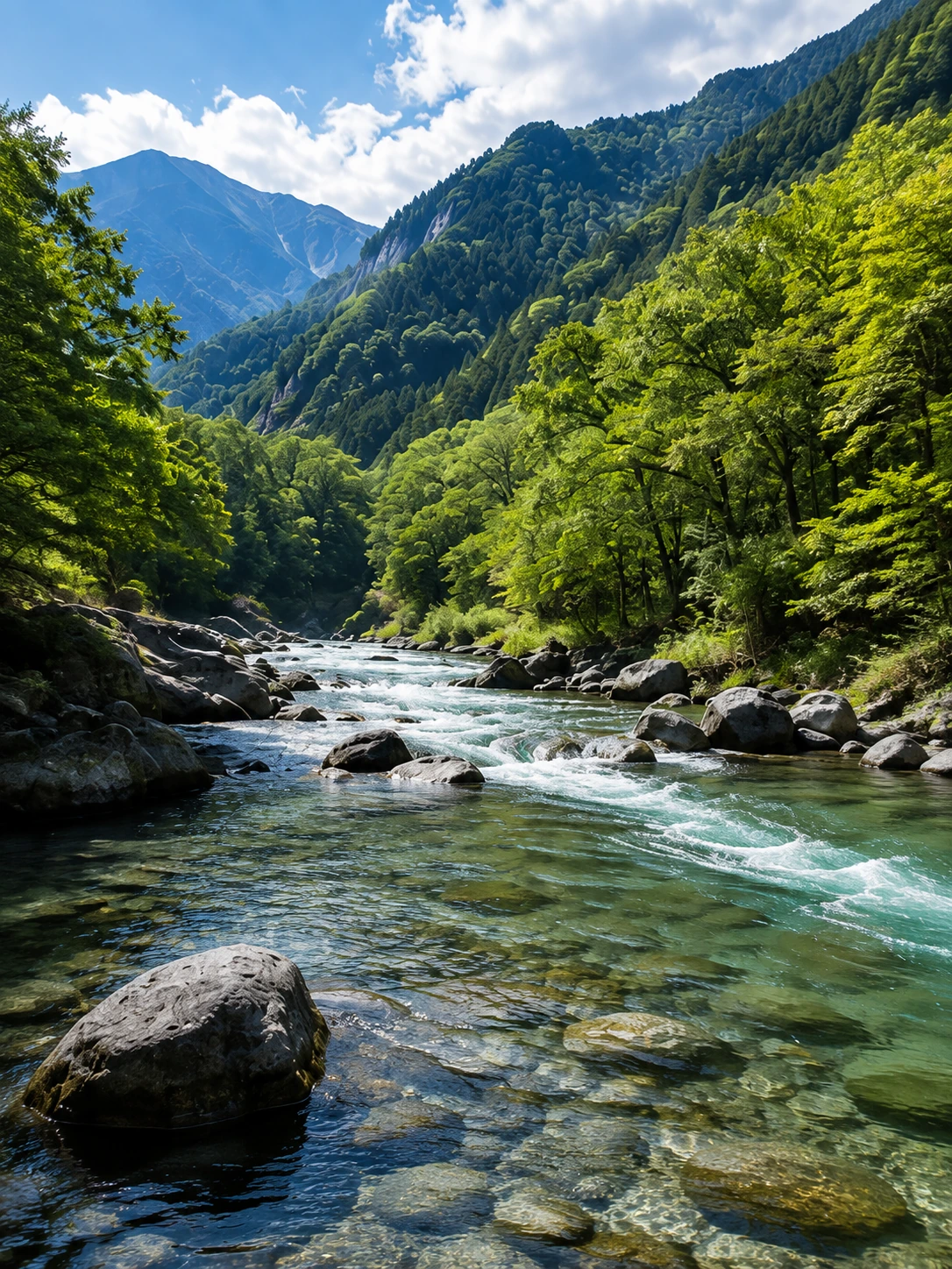緑豊かな山々の間を流れる、岩と澄んだ水の清流